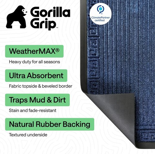 GORILLA GRIP Waterproof All-Season WeatherMAX Doormat - 35x23, Natural Rubber, Stain & Fade Resistant, Easy Clean, Navy Greek Keys