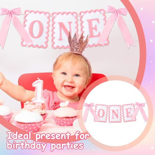 Vovii Bow Highchair Banner for 1st Girls Birthday Decoration, Pink and White One Birthday Banner for Party Decor Photo Props(Pre-Strung)