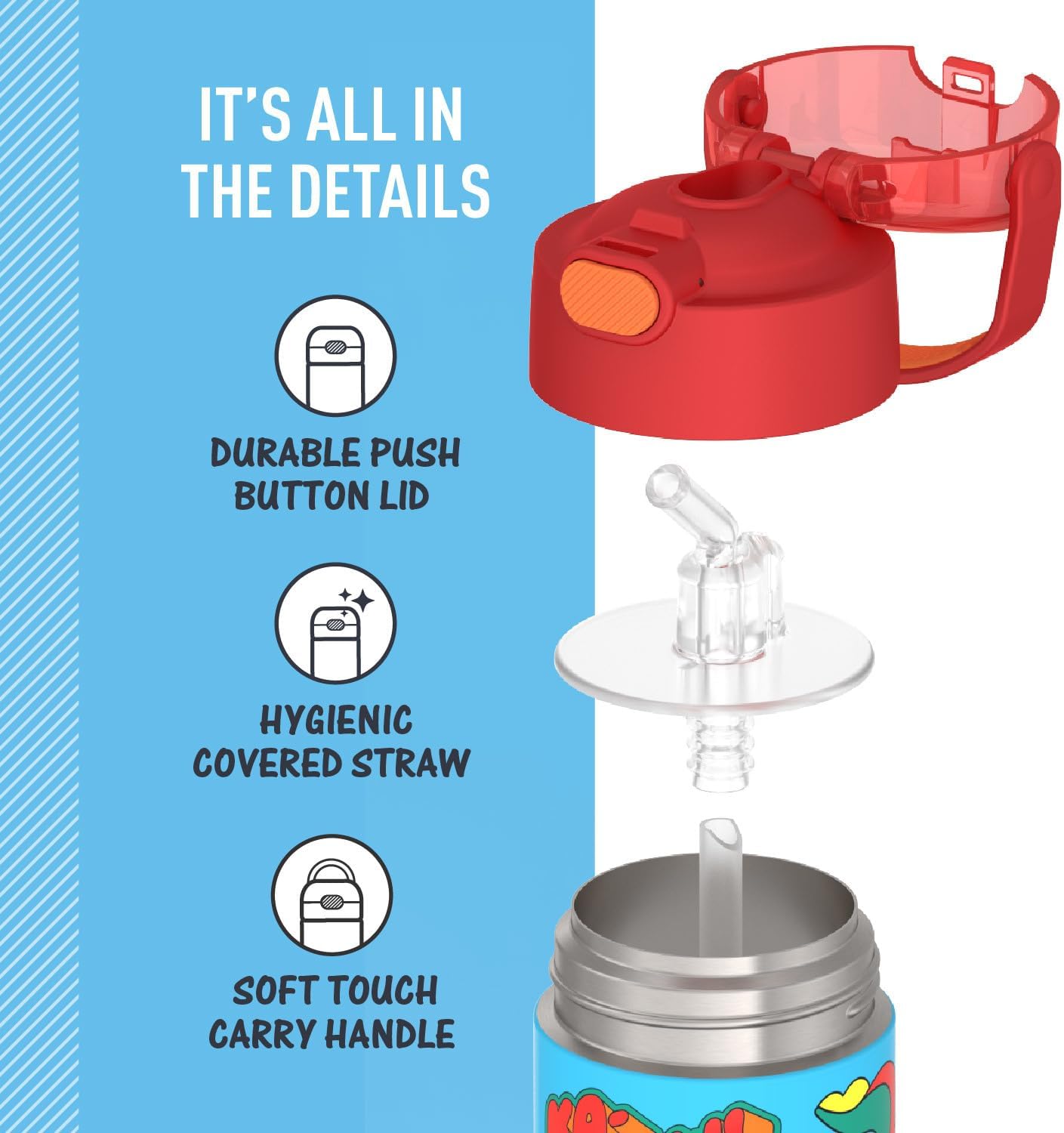 THERMOS FUNTAINER Water Bottle - 12 Ounce Kids Stainless Steel Vacuum Insulated with Straw | Cars Design