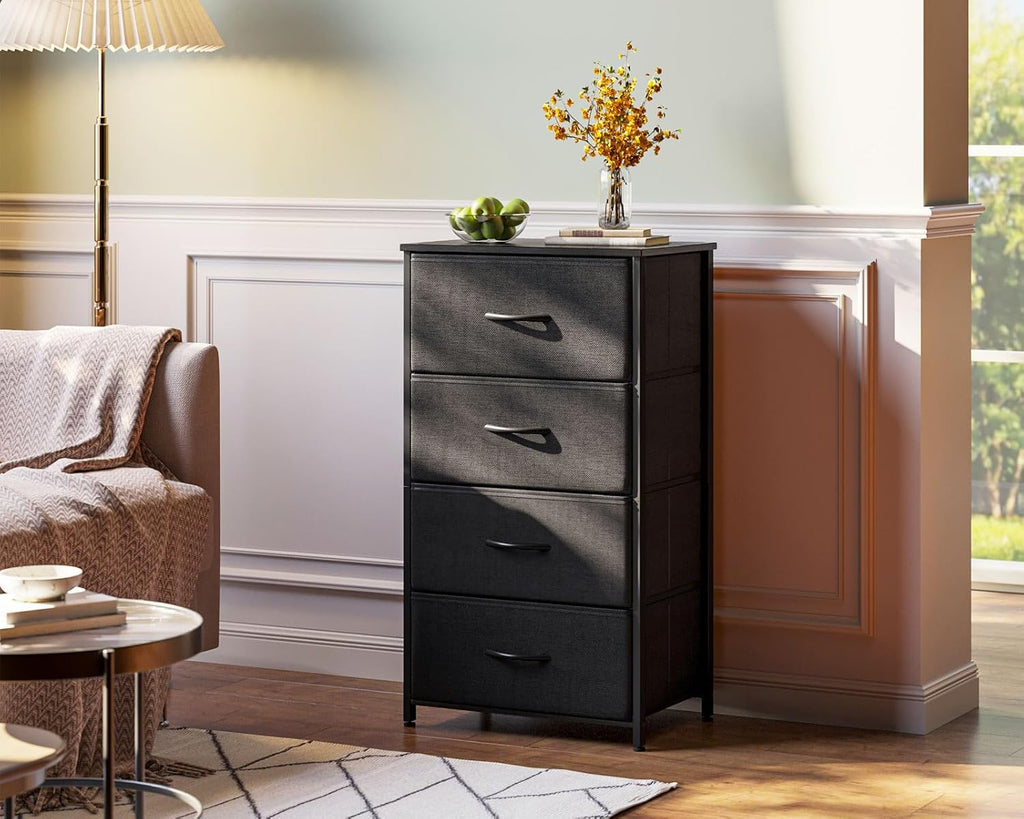 AODK Dresser - 4 Drawer Fabric Chest with Sturdy Steel Frame - Compact Black Storage Solution