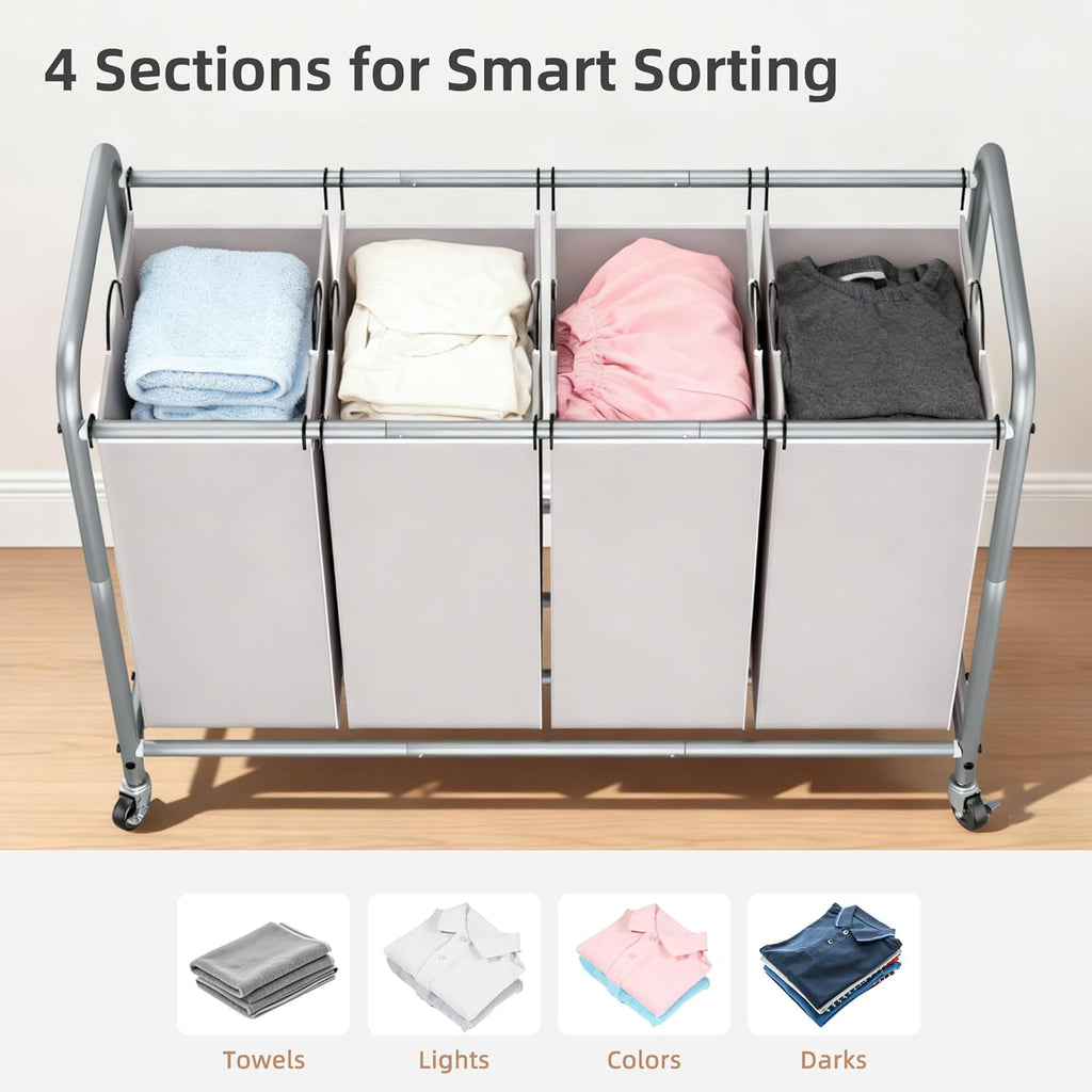 Storage Maniac Laundry Sorter - 4-Section 47.5 Gal Hamper with Wheels & Removable Bags | Gray