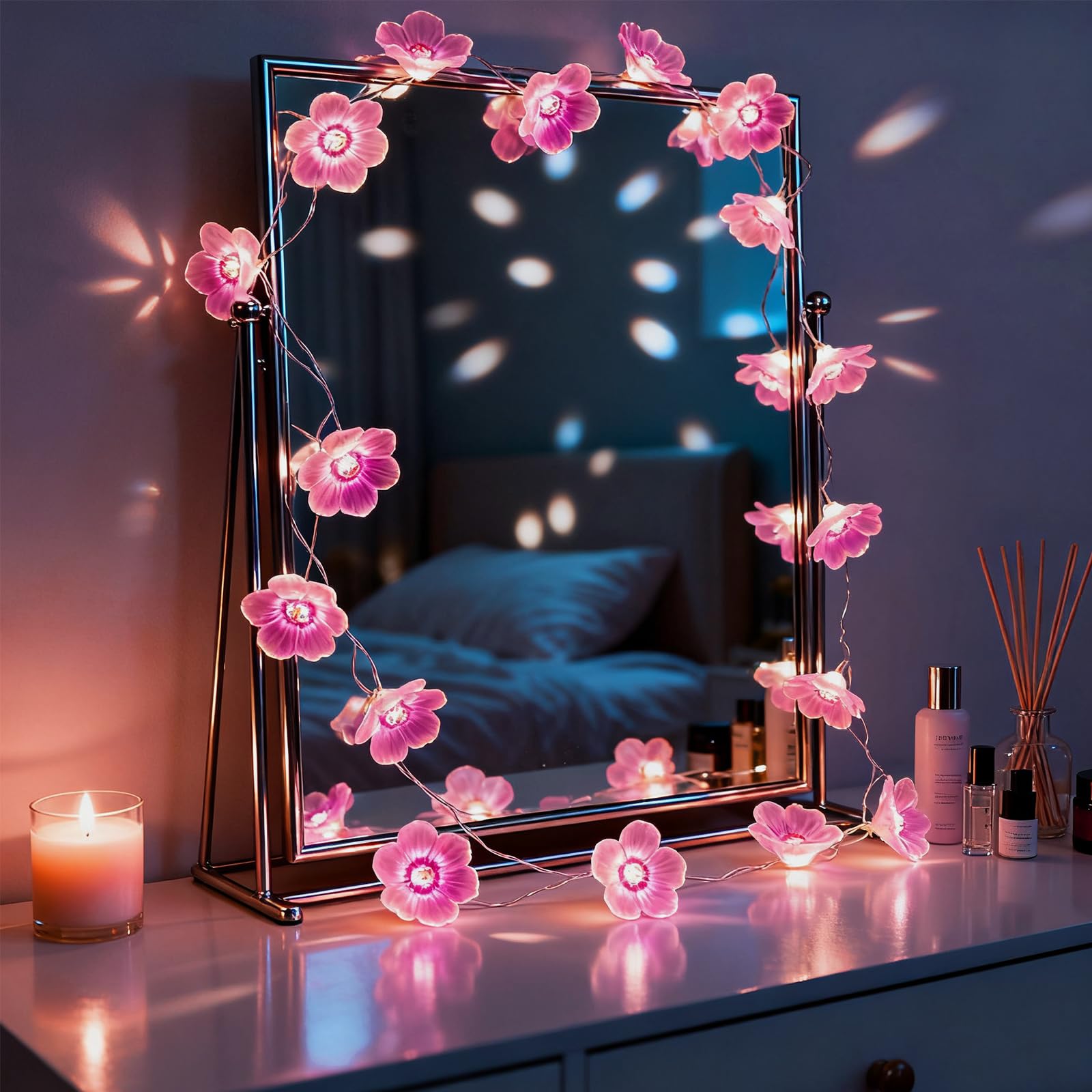 Keretuby Pink Fairy Cherry Blossom Flower String Lights for Bedroom, USB Plug in and Battery Operated 13ft 40 LED Cute Indoor Outdoor Hanging Decorations for Birthday Wedding Party Christmas Easter