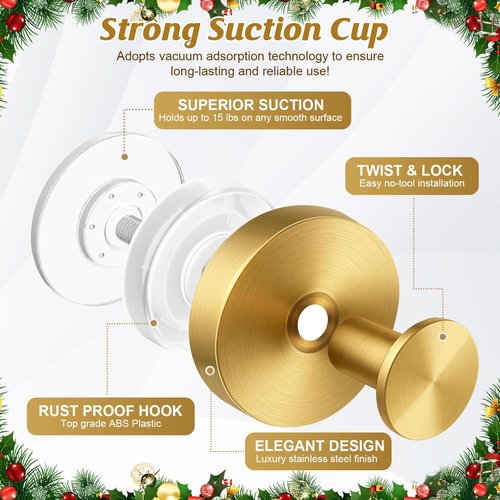 Removable Waterproof & Rustproof Suction Cup Hooks for Shower, Bathroom, Kitchen, Glass, Door, No Drill Strong Suction Cup Holder for Towels, Robes, Loofah, Coat, Wreaths Hanger up to 15 lbs , 2 Packs