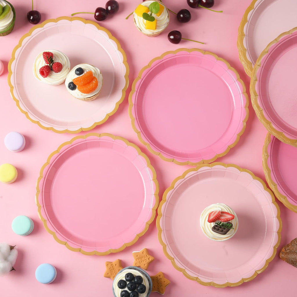 JASSEWRLY 48 Pcs Pink Scalloped Party Disposable Paper Plates, 9" Cute Pink Dessert Baby Bridal Shower Dinner Birthday Cake Paper Plates for Party Bridal Baby Girl Shower Wedding Supplies