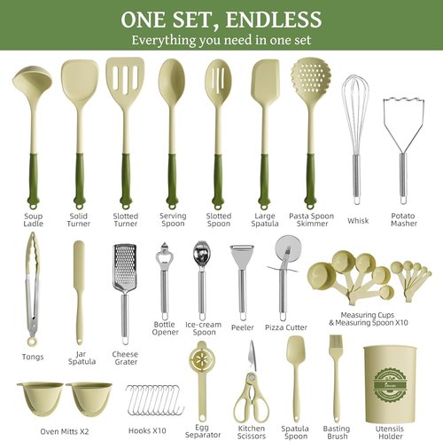 Kikcoin 43-Piece Kitchen Utensils Set - Heat Resistant Silicone Cooking Tools, BPA Free, Avocado Green