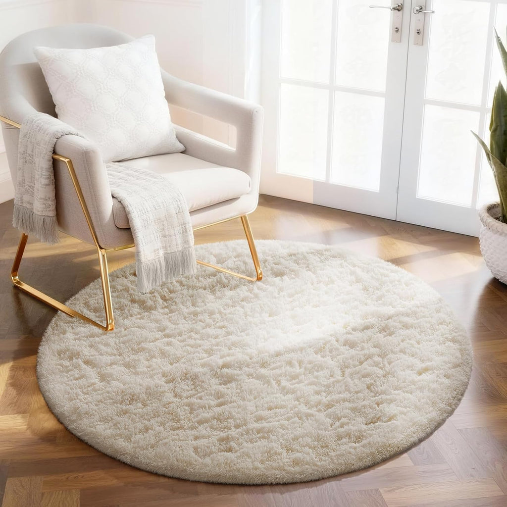 Ophanie Round Rug - 2Ft Ivory Circle Area Rug | Plush Soft Shaggy Carpet for Kids' Rooms & Nurseries