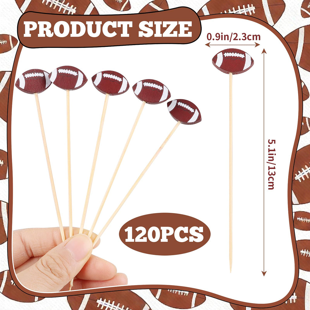 FOIMAS 120pcs Football Cocktail Picks,Football Cocktail Picks for Appetizers Fruit Food Cake Skewers Holiday Birthday Rugby Ball Themed Party Decorations