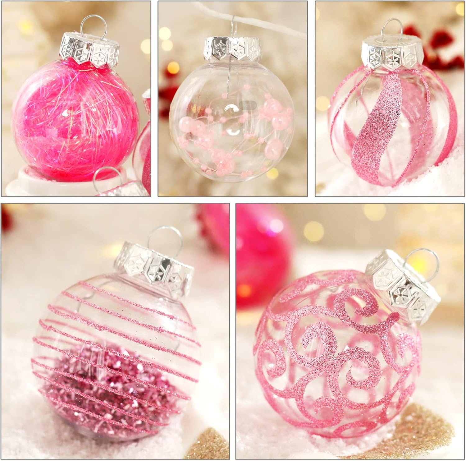 Skiennix Christmas Ornaments Set - 30pcs Clear Pink Shatterproof Baubles for Holiday Decor | 60MM Size