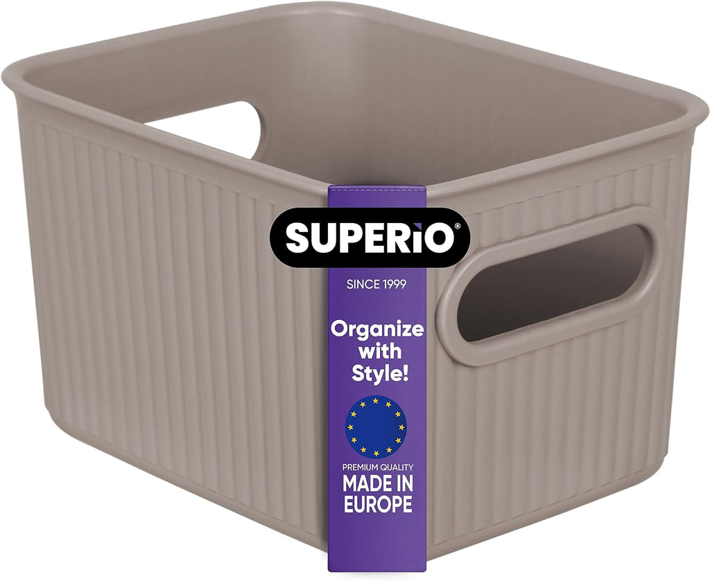 Superio Ribbed Collection - Small Taupe Decorative Plastic Storage Bins | 1.5 Liter Organizer for Home