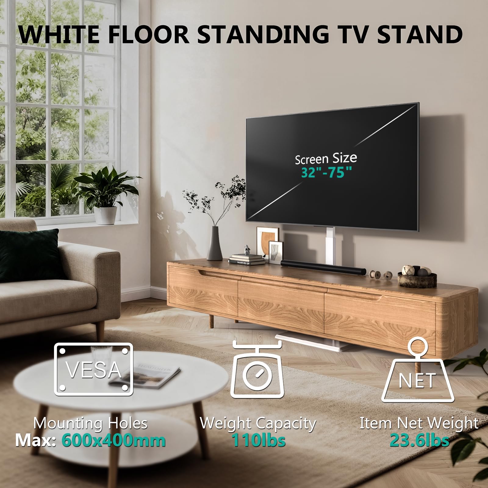 WALI Floor TV Stand with Power Outlet, Tall TV Stand Mount for 32-75 inch TVs up to 110 lbs, Swivel and Height Adjustable TV Stands with Wood Base for Bedroom, Office(TVDVD-7PW), White