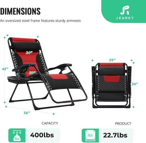 JEAREY Oversized Padded Zero Gravity Chair - Comfortable Folding Lounge Recliner with Headrest & Cup Holder | Black/Red