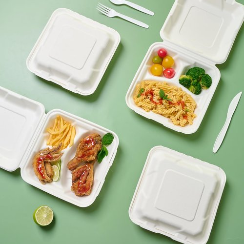 JOLLY CHEF Disposable Clamshell Take Out Food Containers, [8 * 8" 50-Pack] 3-Compartment Sugarcane Clamshell Takeout Boxes, 50-Pack To Go Boxes for Restaurants & Meal Prep
