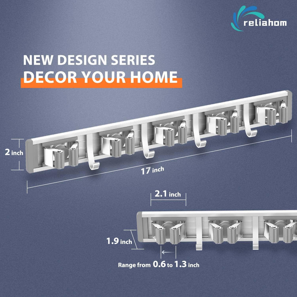 Reliahom Broom Holder Wall Mount - 5 Racks & 4 Hooks for Garage, Kitchen, Garden & Laundry