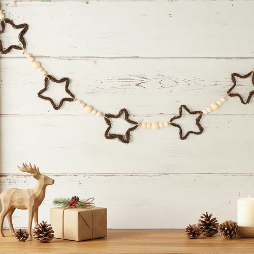 Christmas Decorations Indoor: 6.5ft Farmhouse Christmas Garland Rattan Stars Wooden Beads Christmas Decor,Cute Rustic Stars Ornaments Xmas Banner for Mantel Fireplace Home Wall
