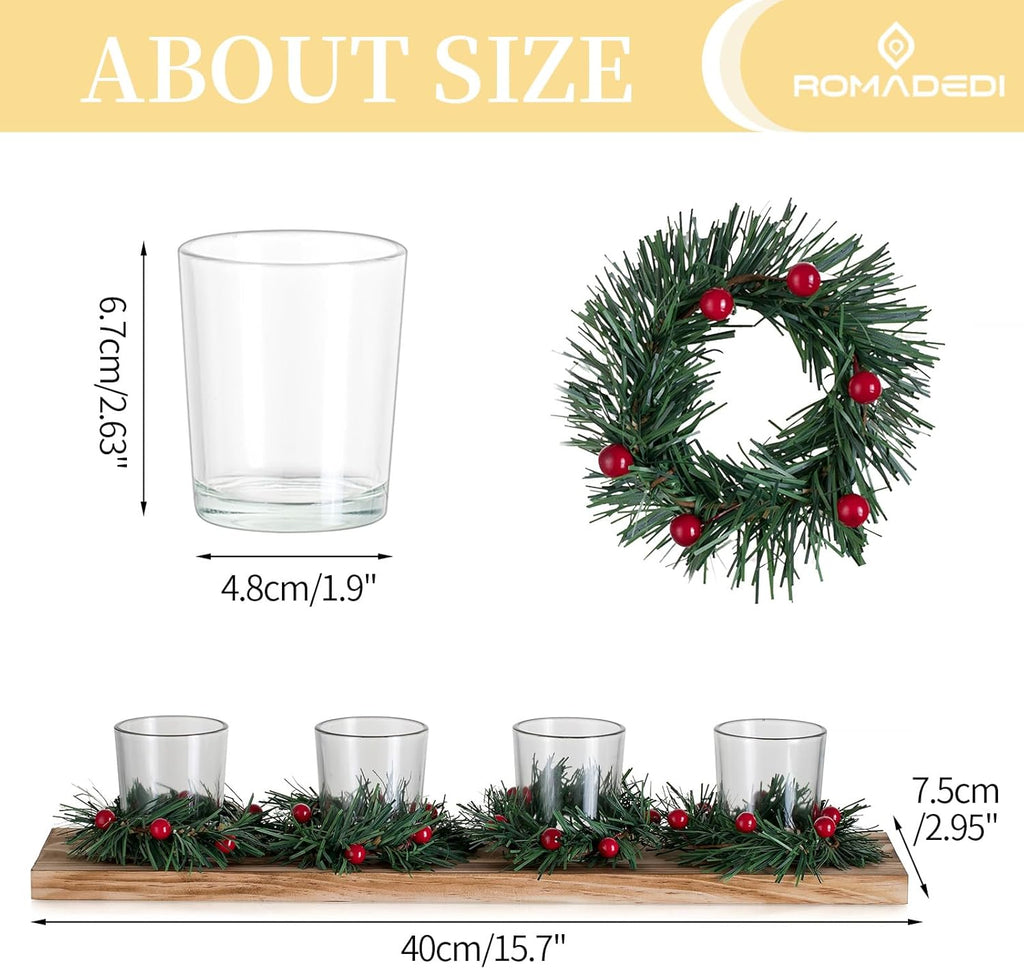 Romadedi Christmas Candle Holder - Rustic 4 Tealight Holders with Mini Wreaths | 16.5-Inch Wooden Tray for Table Centerpiece Decor