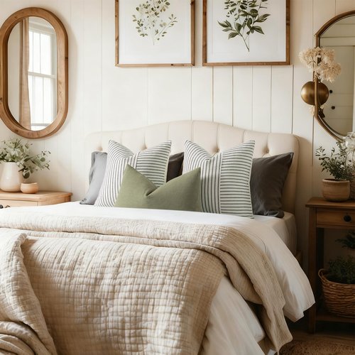 YCOLL Farmhouse Pillow Covers 18x18, Modern Accent Square Throw Pillow Covers Set of 2, Olive Green and Beige Striped Patchwork Linen Decorative Cushion Covers for Couch Chair Bedroom Home Decor