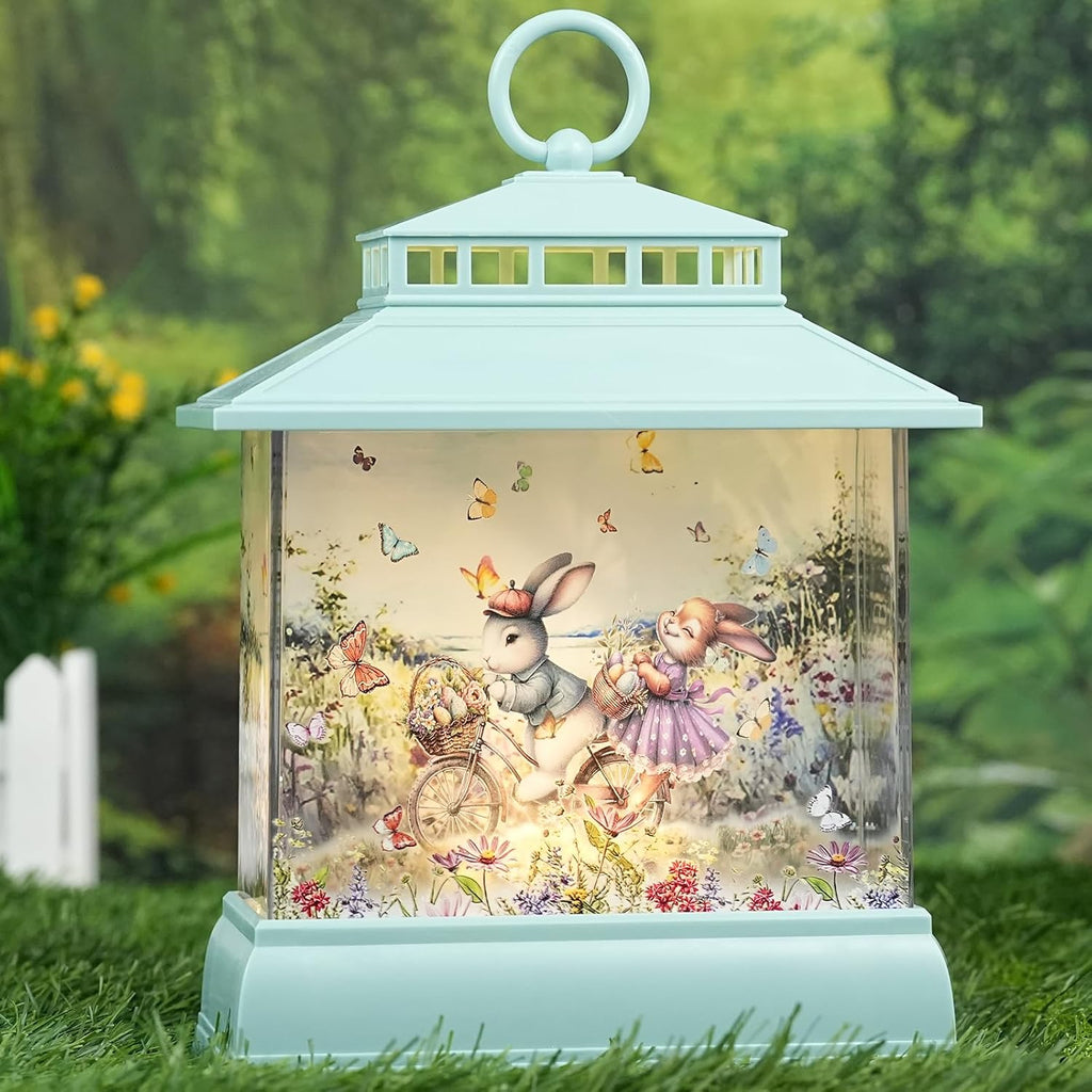 Skiennix Easter Snow Globe Lantern - Light-Up Bunny & Egg Decor with Timer | Glitter Spring Tabletop Decoration