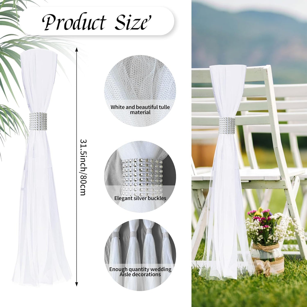 Skiennix 26 Sets Large White Pew Bows - Tulle Wedding Aisle Chair Decorations for Ceremonies