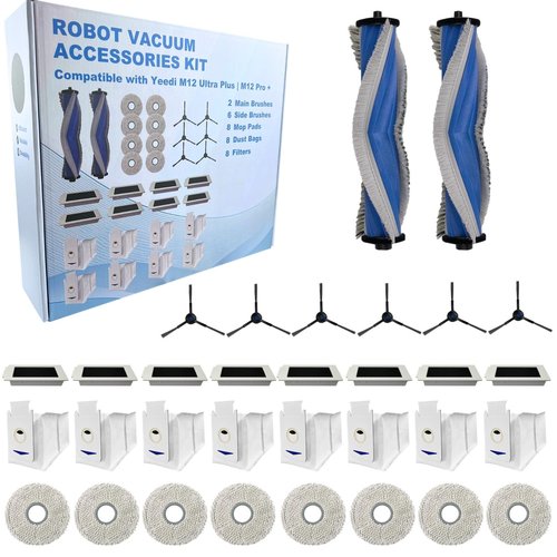 IRUOLYNN Replacement Accessories Parts Kit Compatible with Yeedi M12 Ultra Plus M12 Pro Plus + Includes 8 Dust Bags, 8 Mop Pads, 8 Filters, 6 Side Brushes, 2 Main Brushes