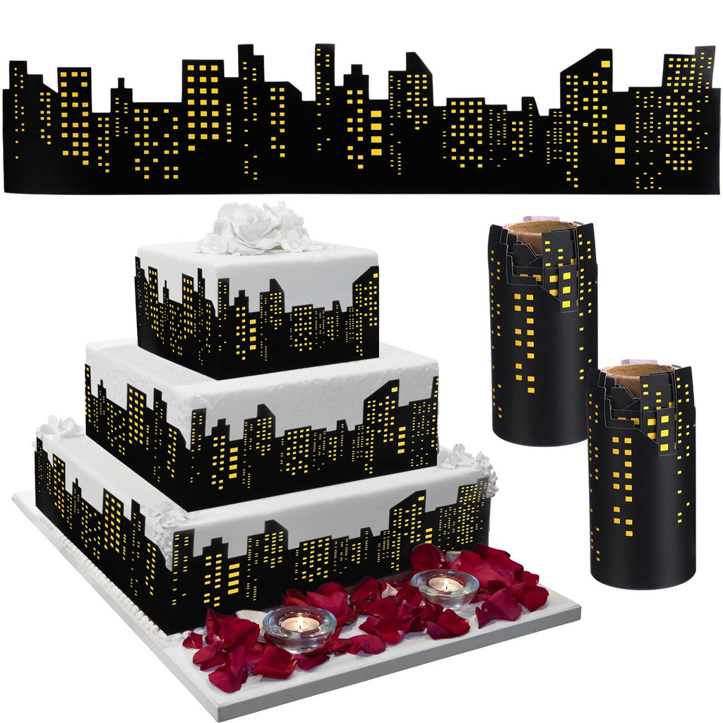 Janlaugh 2 Roll Skyscraper Cake Border Decoration Toppers Stick On or Lay On City Skyline Cake Decor Skyscraper Building Scenic Birthday Accessories for Bday Party Supplies (Skyline, Yellow)