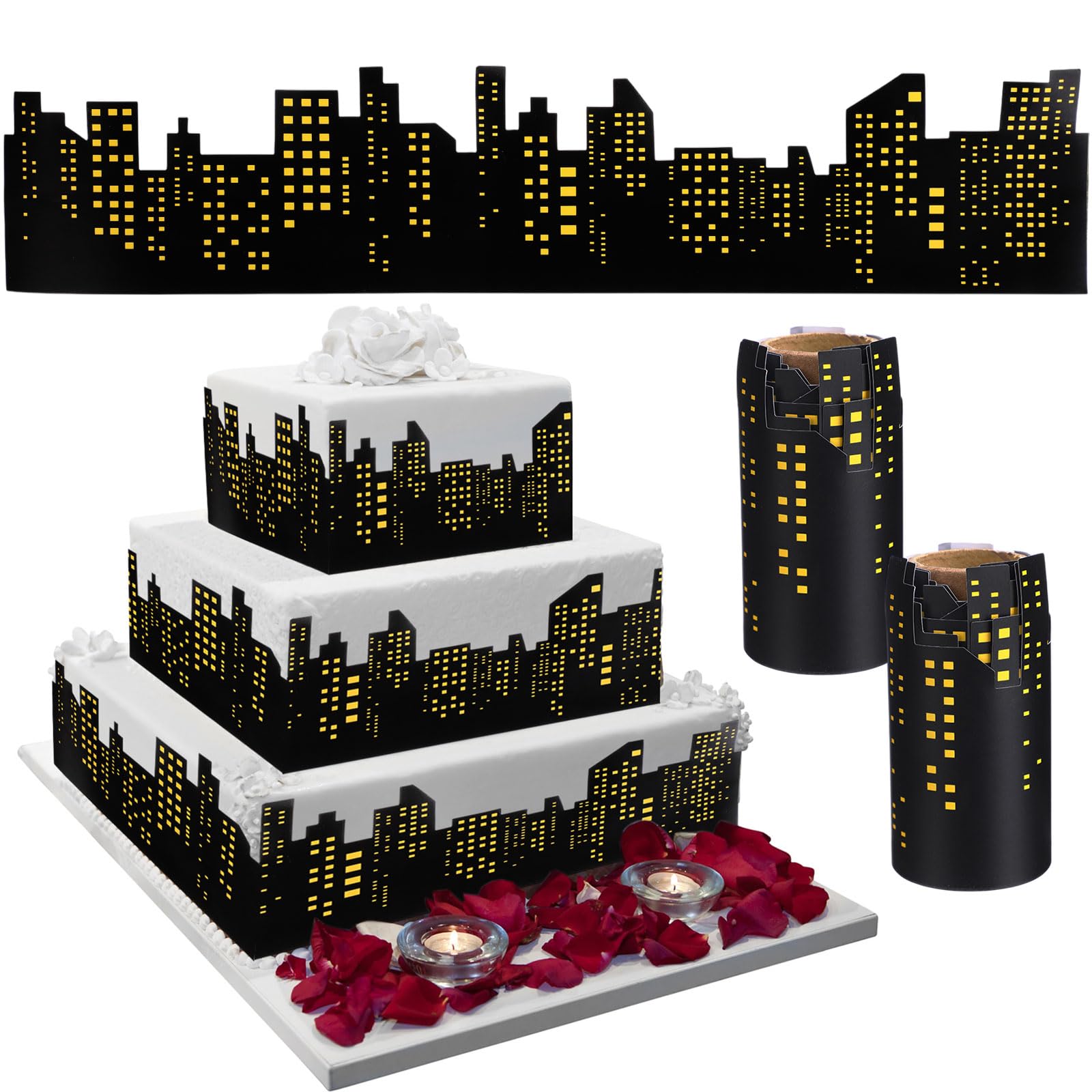 Janlaugh 2 Roll Skyscraper Cake Border Decoration Toppers Stick On or Lay On City Skyline Cake Decor Skyscraper Building Scenic Birthday Accessories for Bday Party Supplies (Skyline, Yellow)