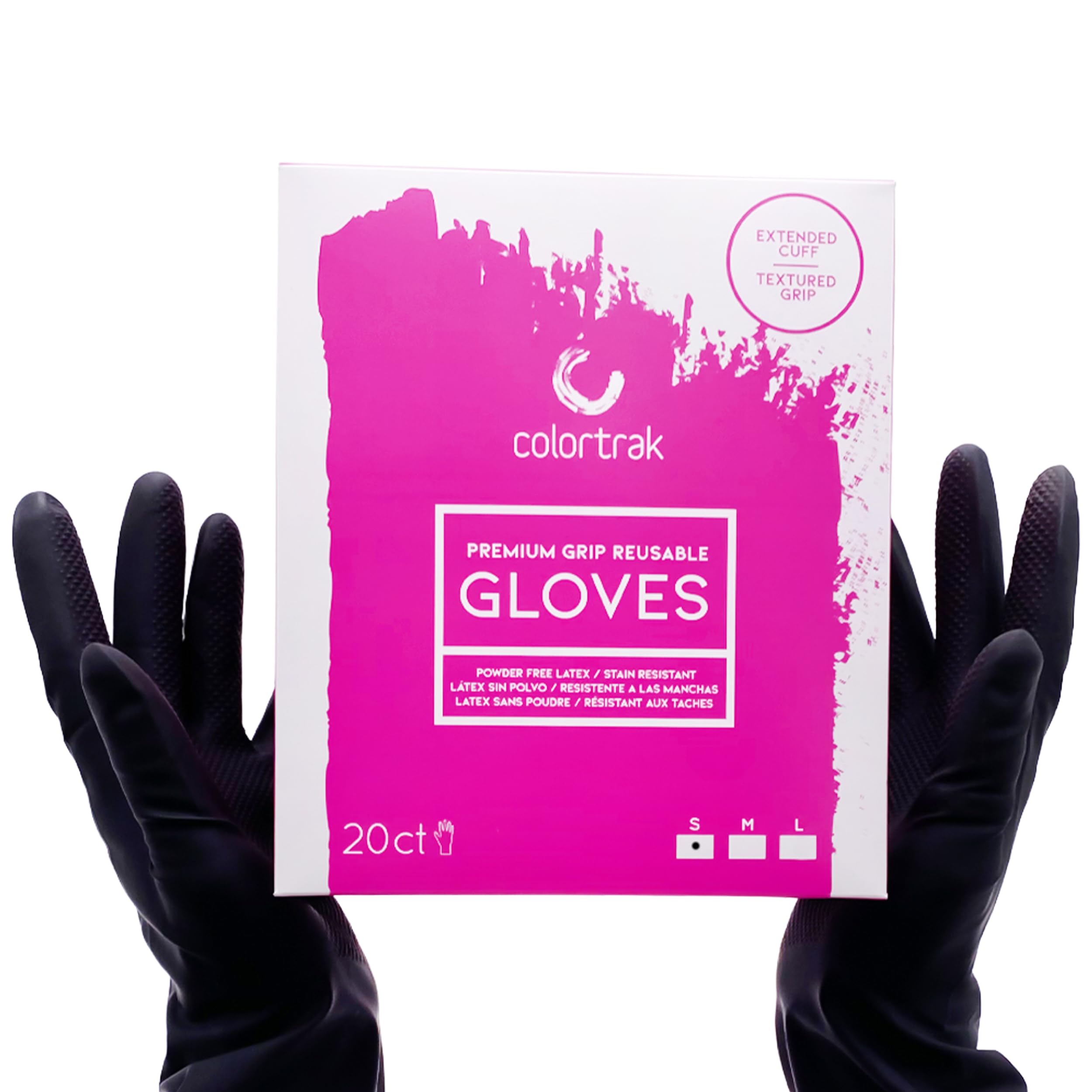 Colortrak Reusable Latex Salon Gloves, Black, Powder-Free Textured Grip Hair Color Gloves for Chemical Processing & Salon Services, Long Cuff, 20 Count, Small