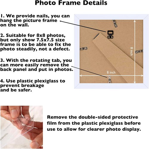 JCJMY 8x8 Picture Frame - White Wall Mount & Tabletop Display | Durable Shatter-Resistant Plexiglass