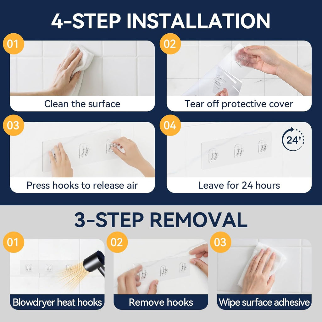 YASONIC Shower Caddy Adhesive Strips - 9-Pack Transparent No-Drill Hooks for Bath & Kitchen Storage
