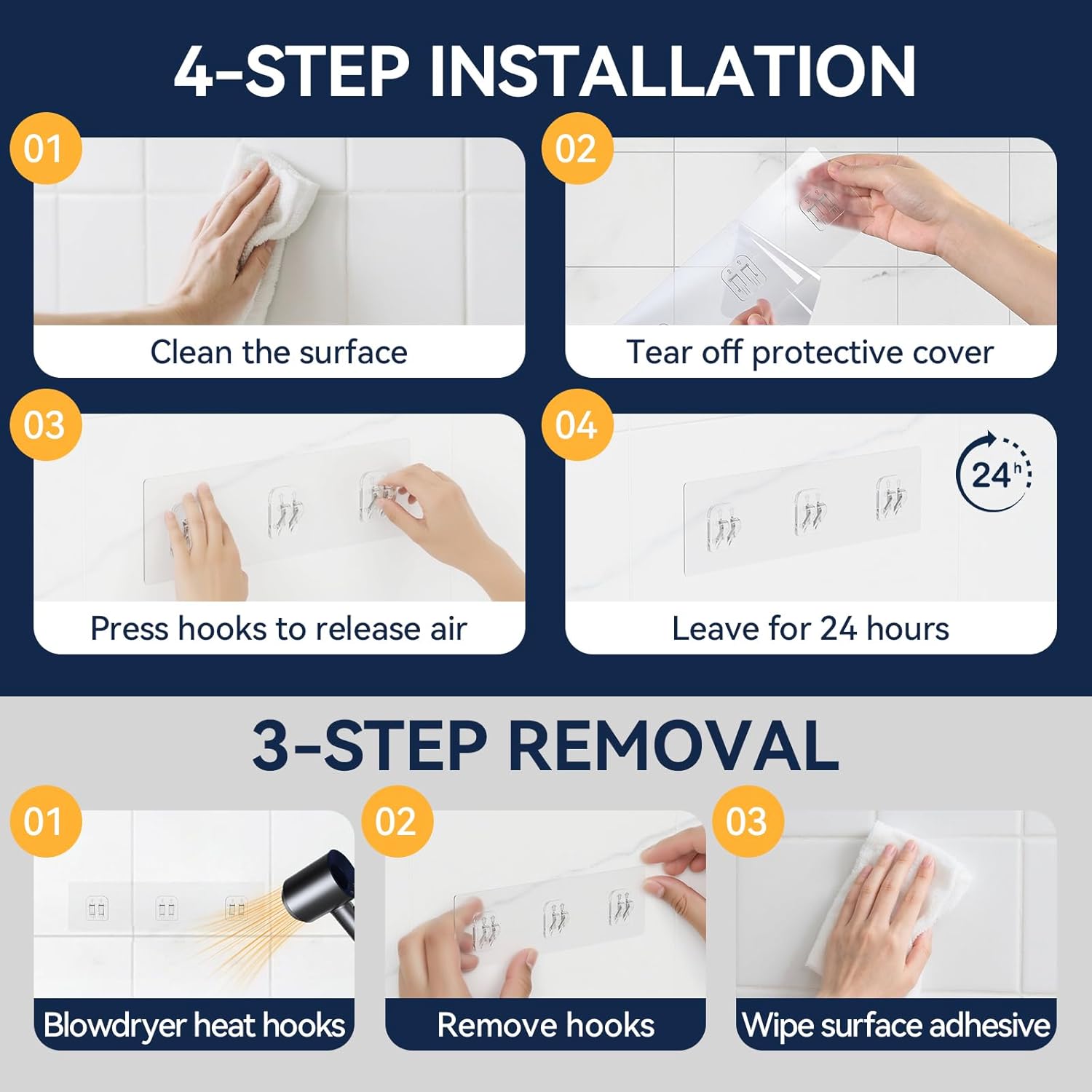 YASONIC Shower Caddy Adhesive Strips - 9-Pack Transparent No-Drill Hooks for Bath & Kitchen Storage