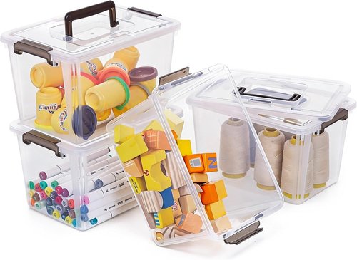 CITYLIFE Clear Plastic Storage Bins - 4 Pack with Latching Lids & Handles | Stackable Organizers for Toys, Crafts, Tools