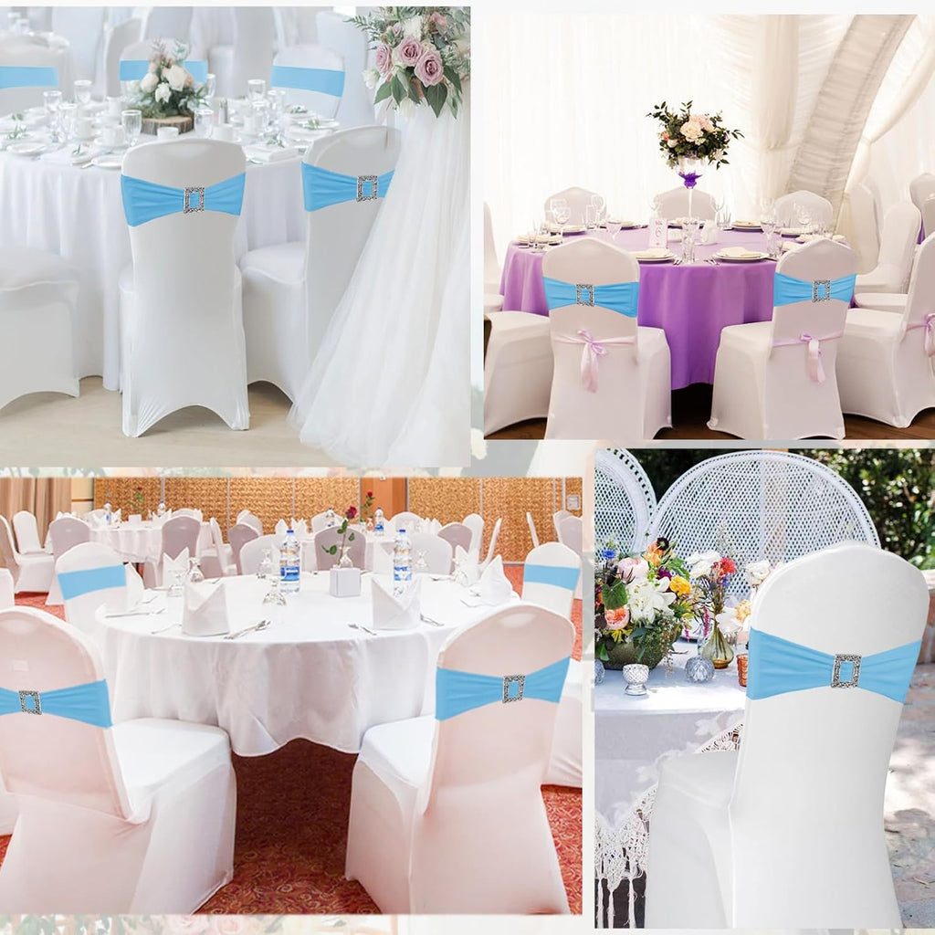 Skiennix 100 Pack Spandex Stretch Chair Sashes - Elastic Covers with Buckle Slider for Weddings & Events | Baby Blue