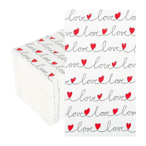 100Pcs Love Red Hearts Guest Napkins Valentines Paper Hand Towels Line Love Lettering Disposable Guest Towel Dinner Buffet for Wedding Anniversary Bridal Shower Party Supplies