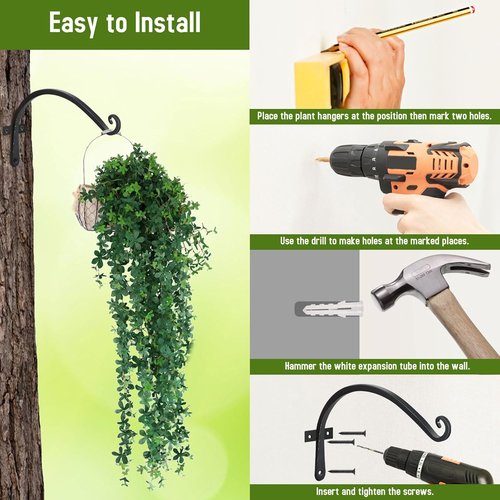 Feed Garden 12-Inch Decorative Hanging Plant Brackets - 2 Pack Wall Hooks for Outdoor Use | Black