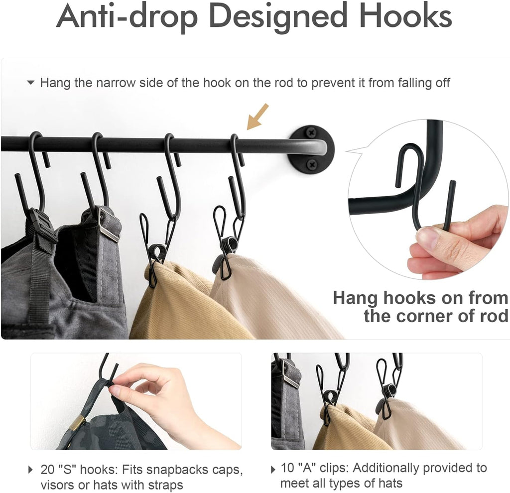 Mkono Hat Rack - Modern Wall-Mounted Baseball Cap Organizer with 20 Hooks | Set of 2 Black