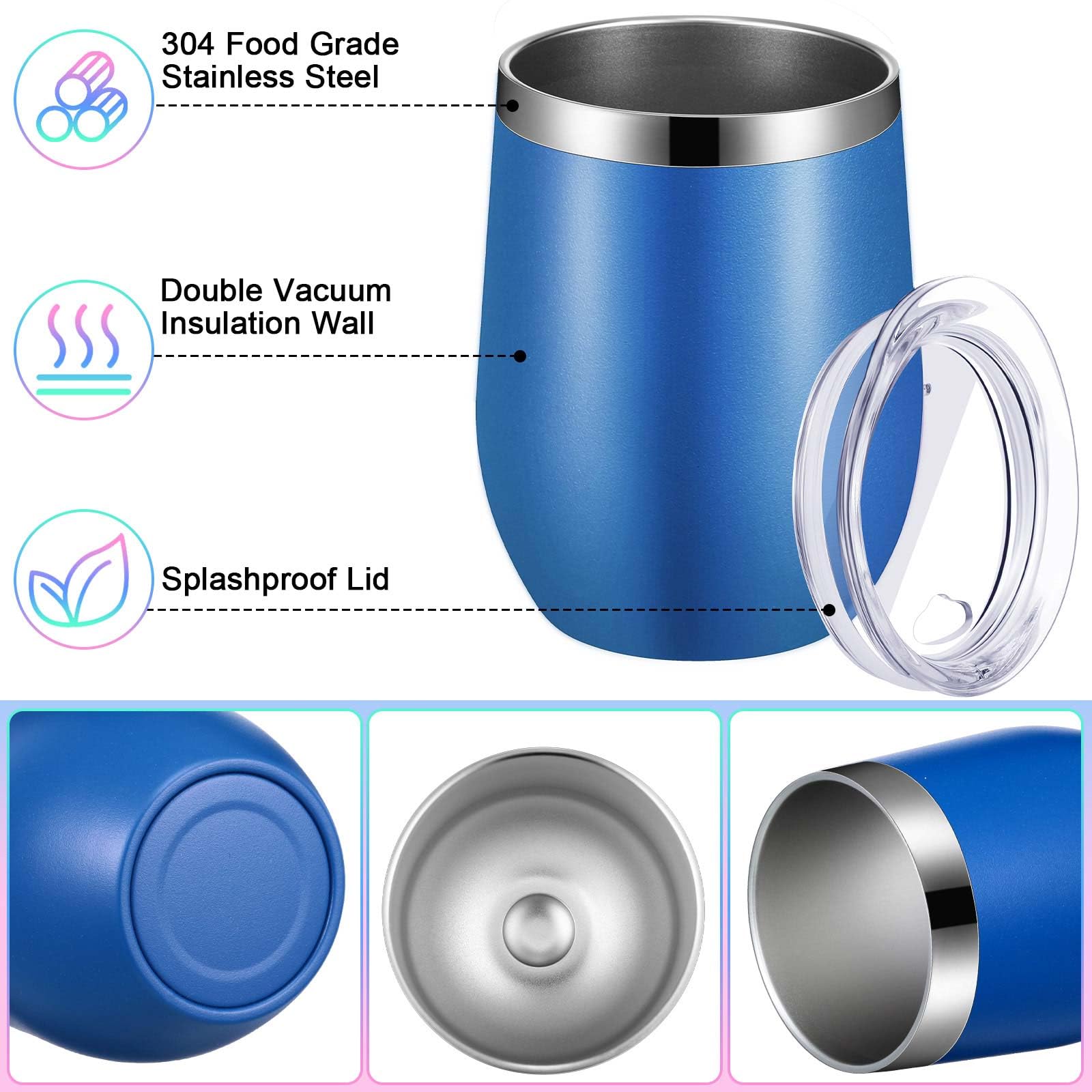 Vesici 16 Pack Wine Tumblers with Lid 12oz Stainless Steel Travel Mugs Stemless Double Wall Vacuum Insulated Wine Glasses Tumbler Bulk for Hot or Cold, Cocktails, Champaign, Whiskey, 16 Colors