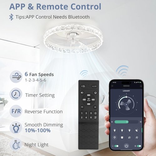 LEDIARY 20" Modern Ceiling Fans with Lights and Remote, Dimmable Low Profile Ceiling Fan, Flush Mount Ceiling Fan, Stepless Color Temperature Change and 6 Speeds - White