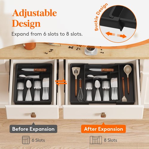 Lifewit Utensil Organizer for Kitchen Drawer, Expandable Cooking Silverware Tray, Adjustable Cutlery Flatware Holder, Plastic Spatula Tools Storage Divider, 13-22.3 x 16.7", Black