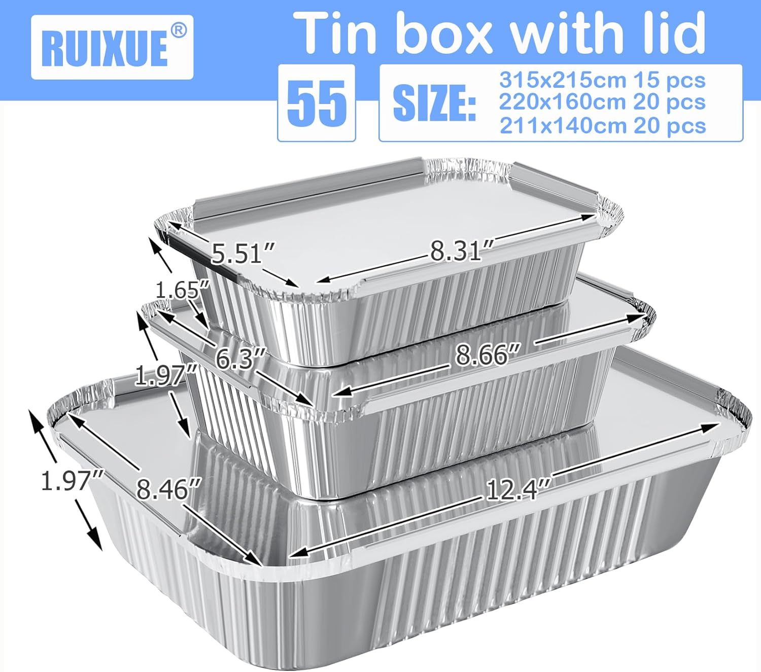 Notwoe® Disposable Aluminum Baking Pans - 55 Pack with Lids | Combo Set 12x8, 8x6, 8x5 Square