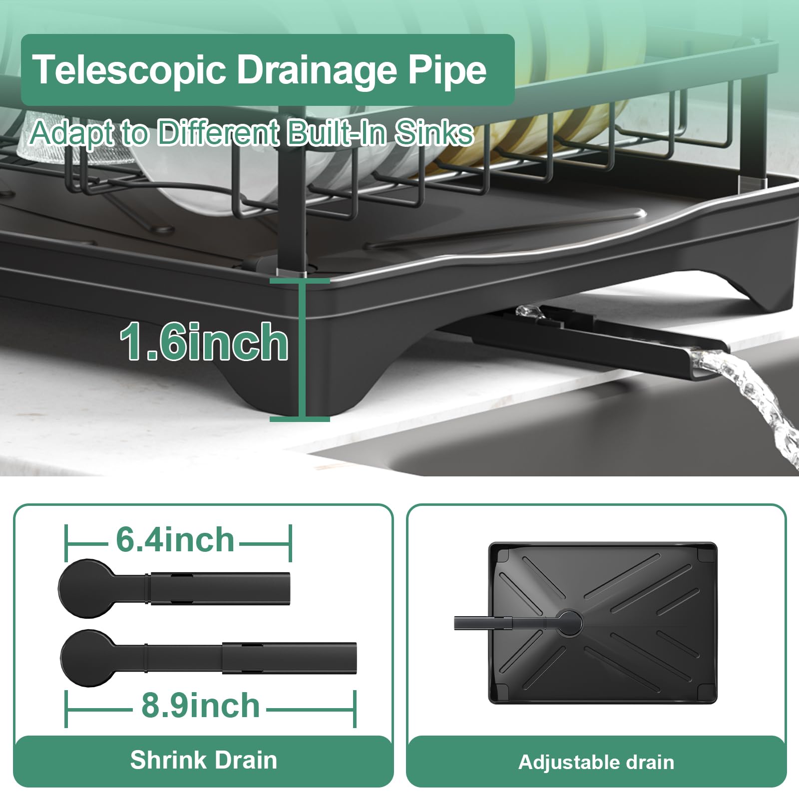 HOMEAILIE Dish Drying Rack for Kitchen Counter, Large Dish Drying Rack with Utensil Holder & Cutlery Tray, Dish Drainer with Drainboard, Black