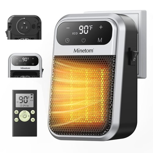 Minetom Portable Plug In Space Heater, 800W Small Wall Heater for Indoor Use, Remote, 12H Timer, ECO Mode, Overheat Protection, Fast and Safe Heat for Bathroom Garage Office Bedroom Home