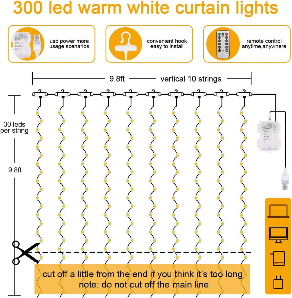 Vicloon Fairy Curtain Lights - 300 LED Warm White String Lights | 9.8x9.8 Ft Waterproof with Remote Control