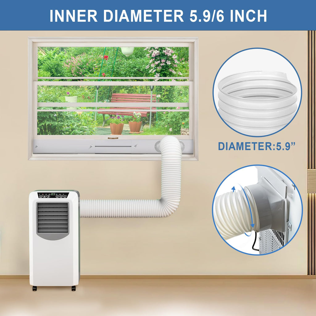 Aukney Portable AC Window Vent Kit, Adjustable Vertical/Horizontal Sliding Window Kit Plate for AC Unit, Seamless Portable AC Window Seal with 5.9 Inch Diameter, 59 Inch Length Exhaust Hose