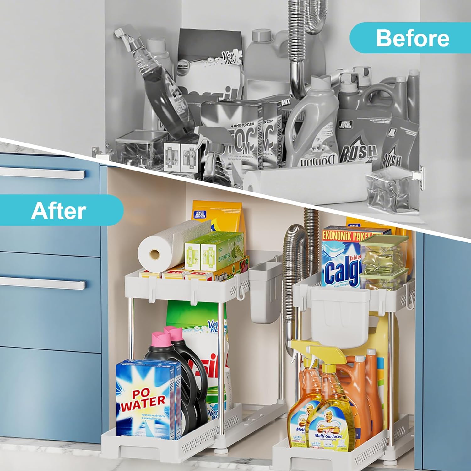 Under Kitchen Sink Organizer - 2-Tier Multi-Purpose Storage for Kitchen & Bathroom | White, 2 Pack