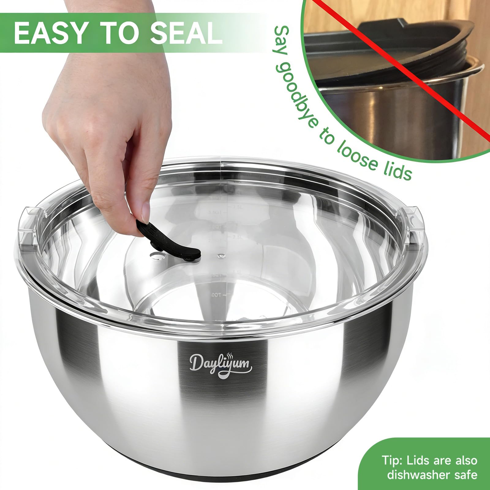 Mixing Bowls with Airtight Lids, Stainless Steel Nesting Bowl Set with Clear Lids & Valve, 3 Essential Sizes (1.5/3/5 QT), Measurement Marks, Non-Slip Silicone Base, Food Prep & Fridge Storage, Black