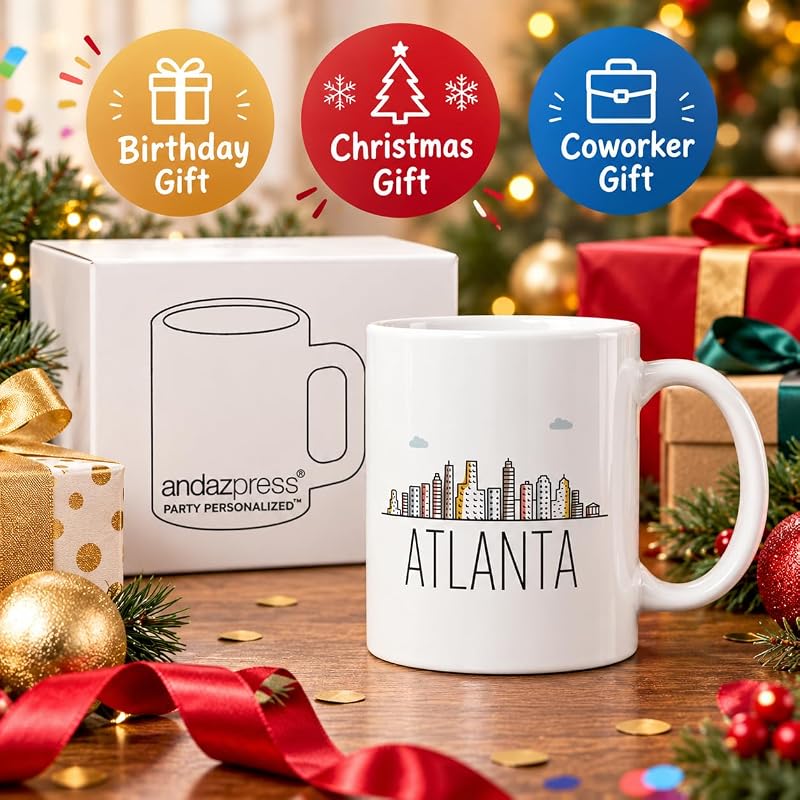 Atlanta 11oz Ceramic Coffee Mug with Gift Box – Colorful City Skyline, Andaz Press