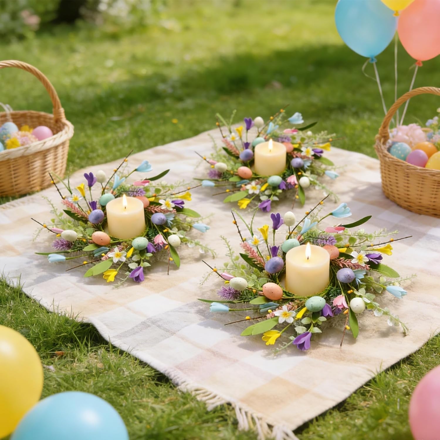 Skiennix Easter Candle Rings - 6 Pcs Mini Pillar Holders with Eggs & Flowers | Spring Yellow Berries Decor
