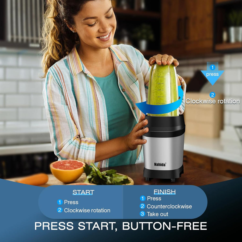 Nahida Blender - 1200W Smoothie Blender for Ice Crushing | Personal Blenders with 2 Six-Fin Blades & Easy Go Cups (23oz, 32oz, 37oz) - Silver