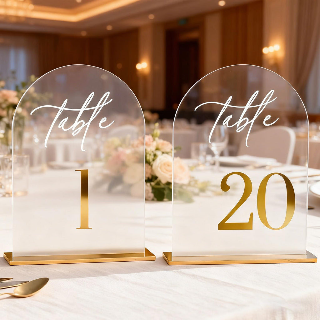 Arch Wedding Table Numbers 1-20 with Stands,5 x 8 Inch Transparent Acrylic Reception Table Signs Golden Letters,Perfect for Wedding Receptions, Parties, Anniversaries, and Events (1-20 golden)