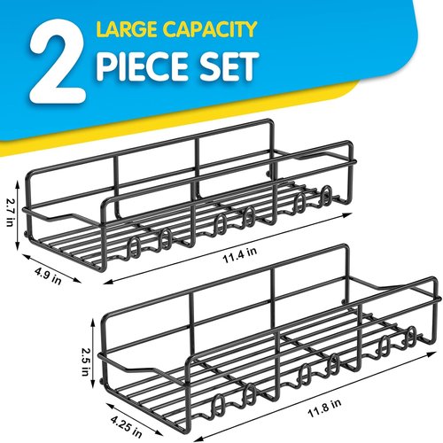 Coraje Adhesive Bathroom Caddy - Large Capacity Rustproof Metal Shelves | 2-Pack Black Organizer for Shower Essentials