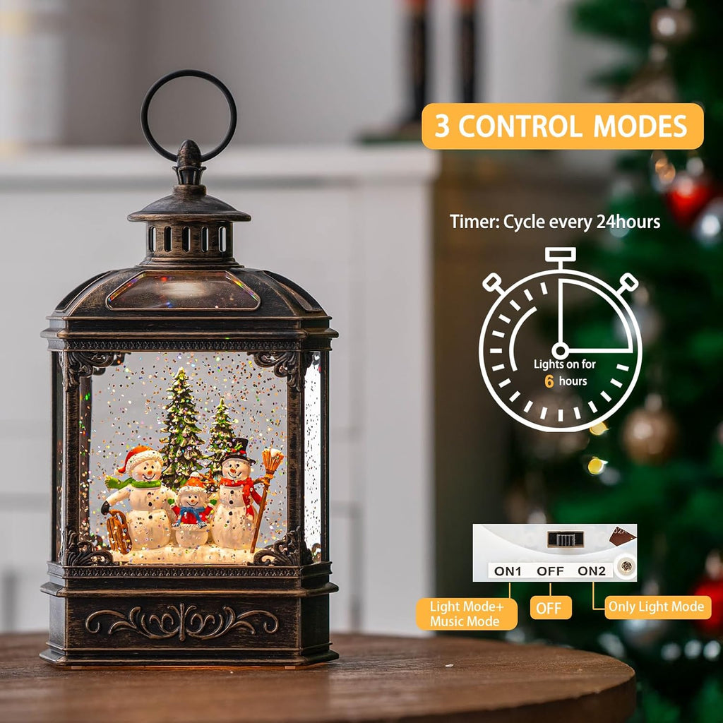 VISFLAIR Christmas Snow Globe - Lighted Snowman Family Musical Lantern with Swirling Glitter | Holiday Decor